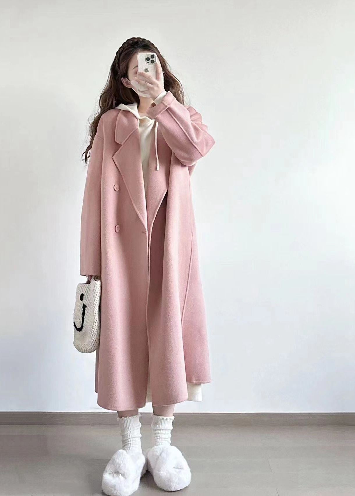 Pink Wool Blend Wrap Long Coat – Vivian Seven