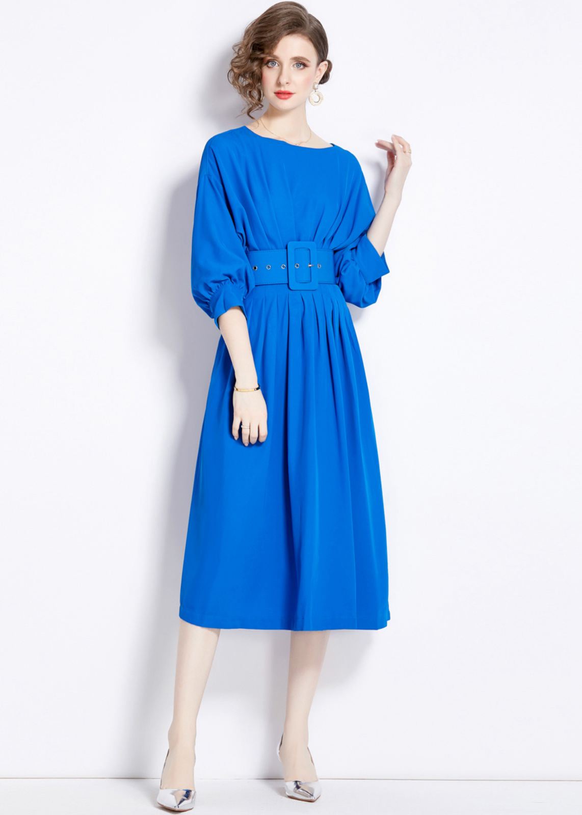 puff sleeve belted midi dress Women's Printed Puff Sleeve Wrap Belted Midi Dress, Pink