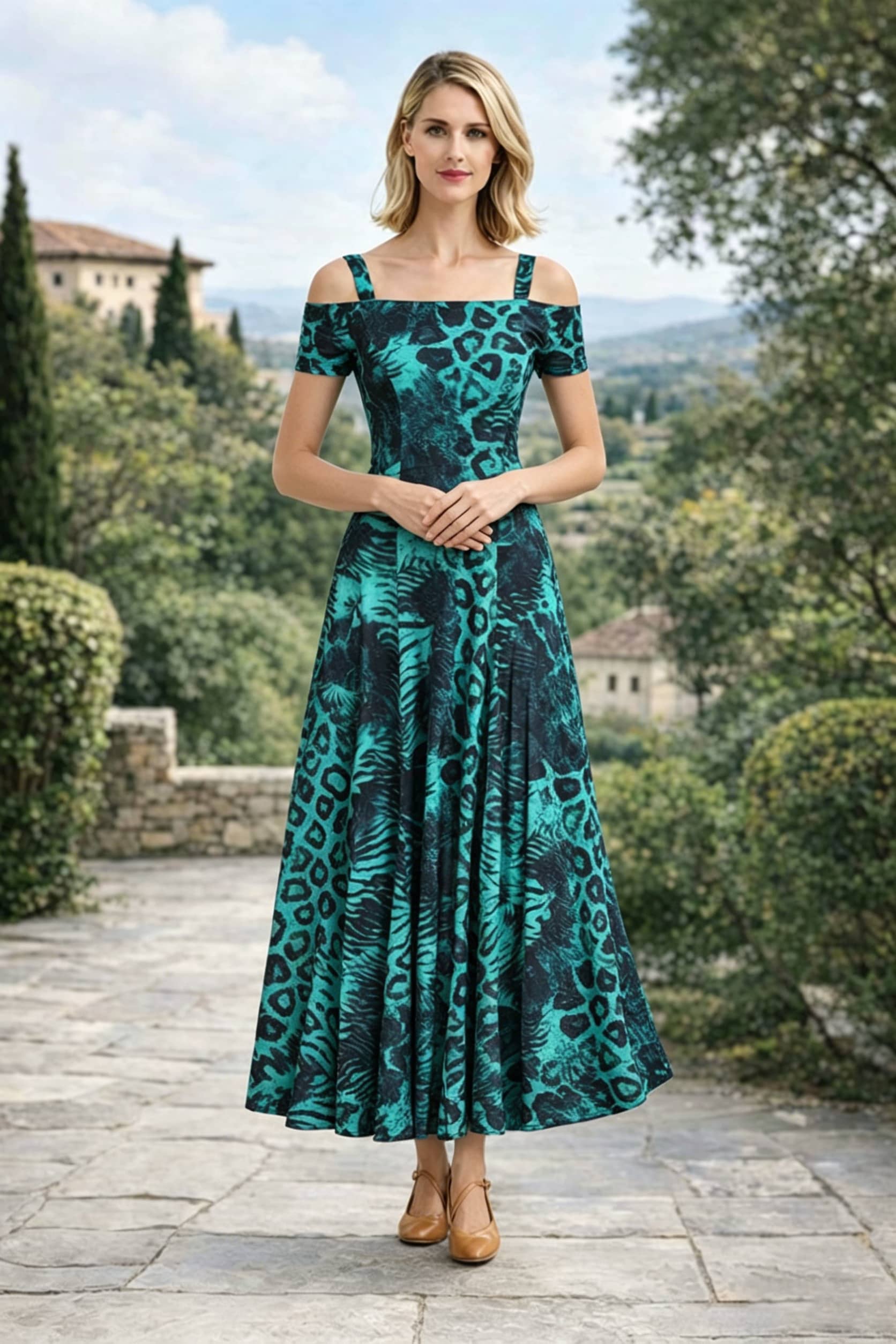 Emerald Green Leopard Off-the-Shoulder A-Line Maxi Dress Green / S