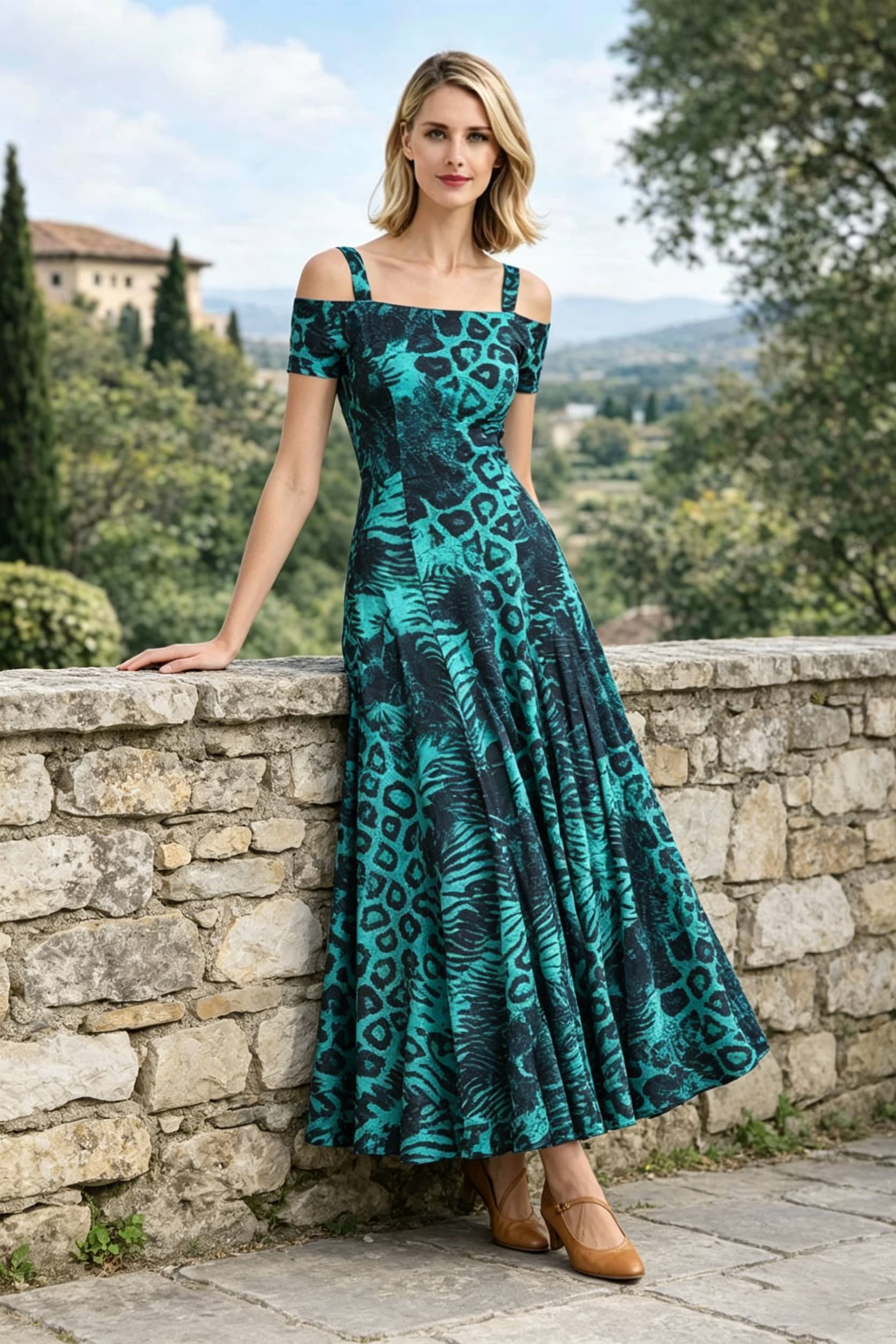 A woman leaning against a low stone wall outdoors, showcasing a full-length emerald green and black leopard print off-the-shoulder A-line maxi dress paired with tan heels.