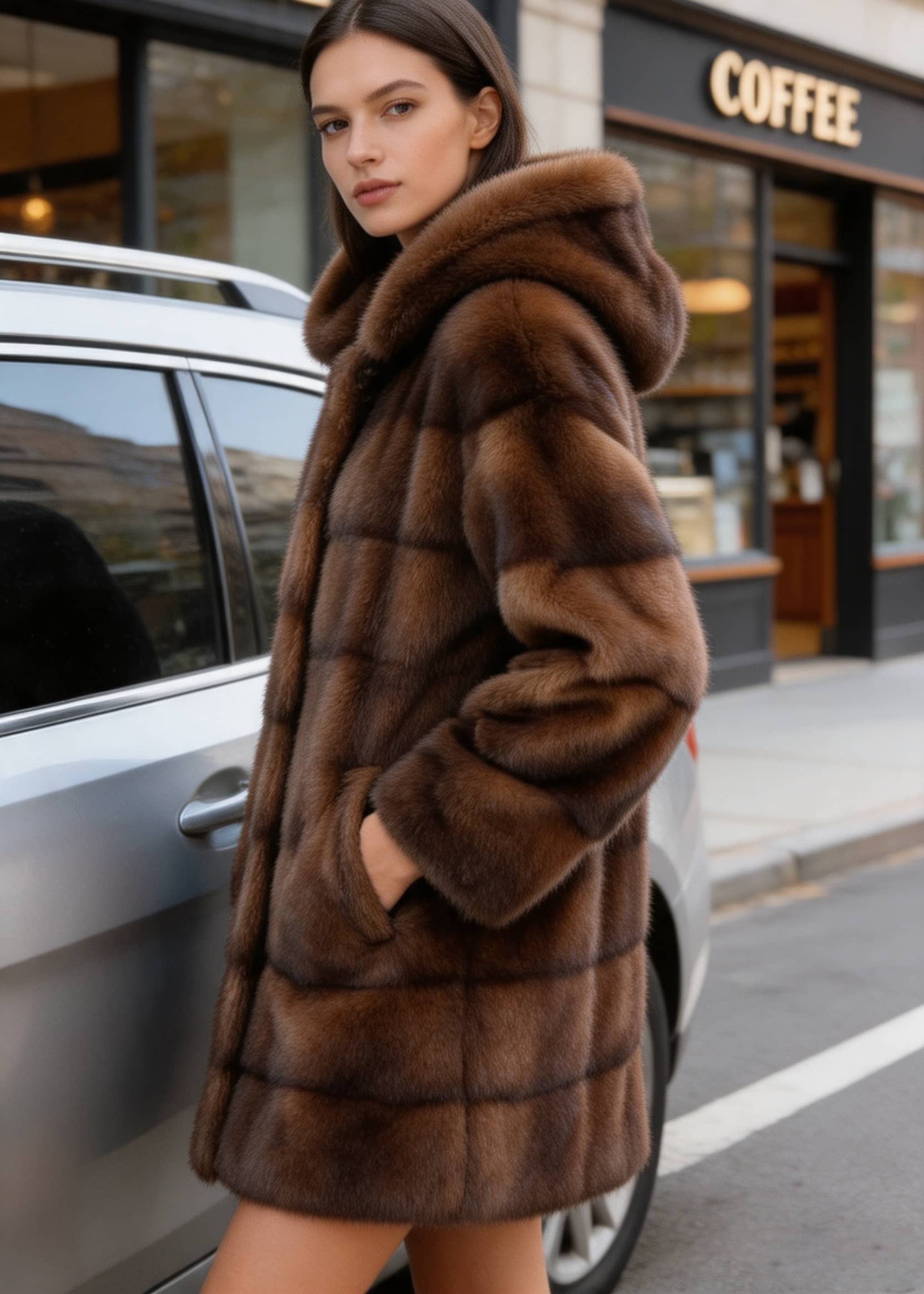 Close-up side profile of model with hand in pocket of Vivian Seven brown plush faux fur jacket.