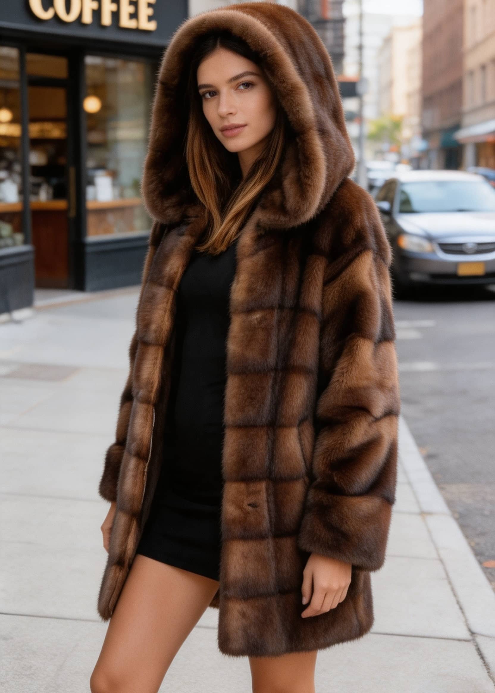 Front mid-shot of model wearing Vivian Seven hooded brown faux fur coat over a black dress.