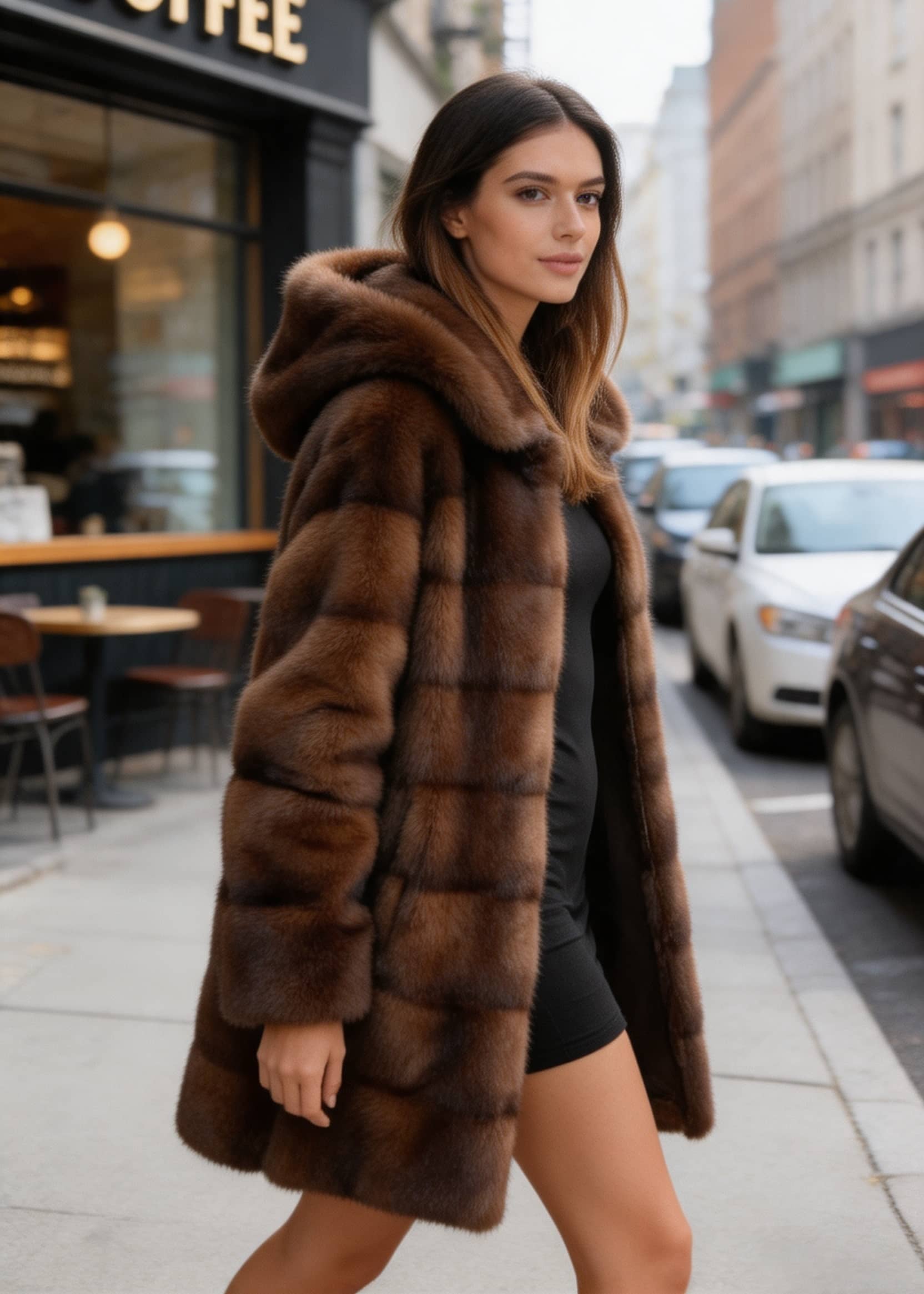 Side profile of model walking down city street wearing a Vivian Seven brown faux fur coat with hood down.