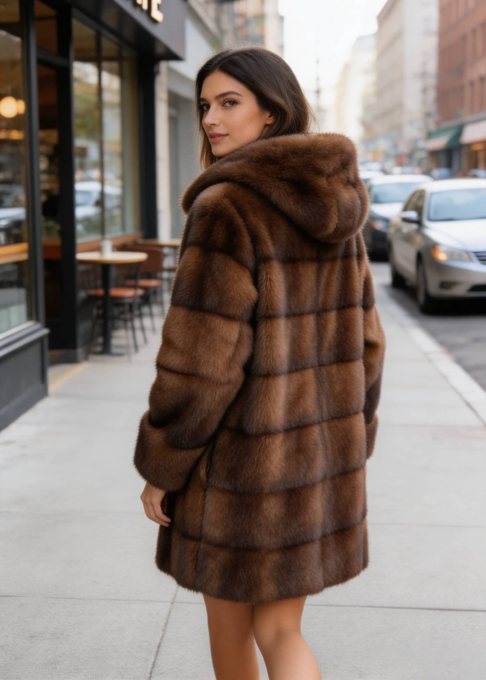 Back view of model wearing mid-length Vivian Seven brown faux fur hooded winter coat.
