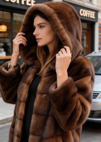 Portrait close-up of model holding the hood of a Vivian Seven brown faux fur winter coat.