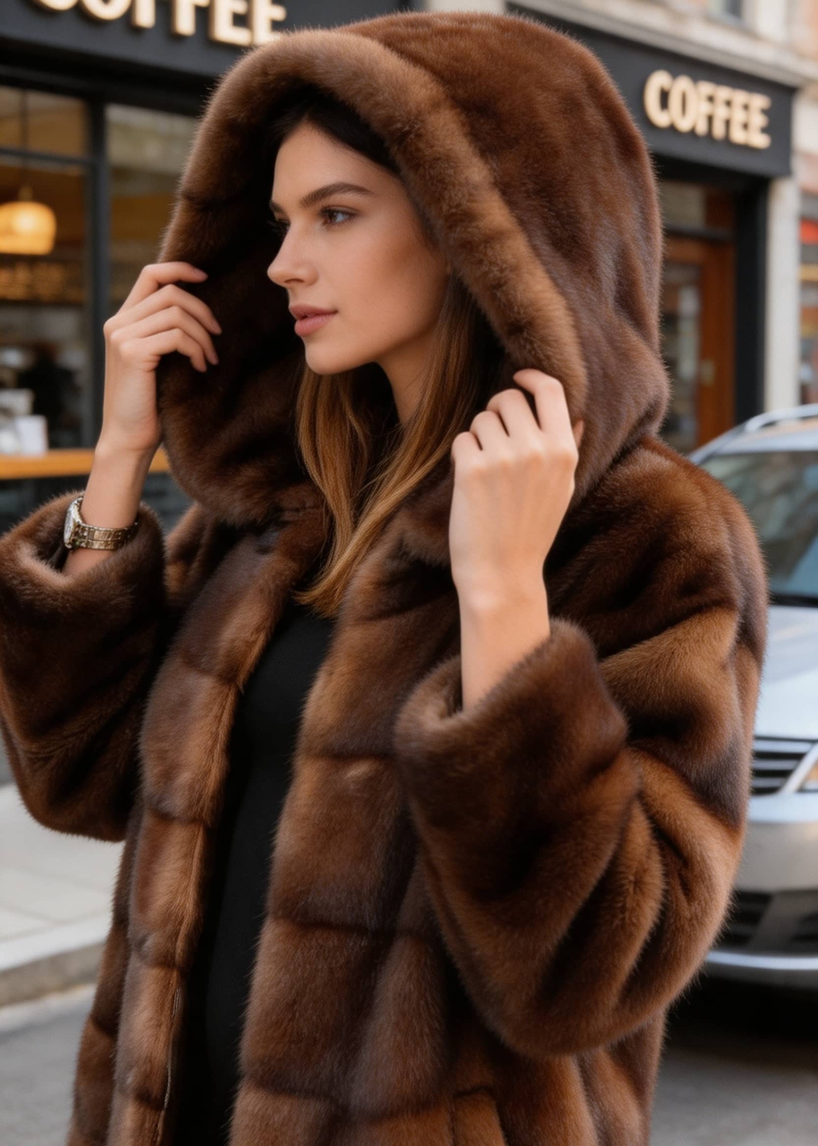 Portrait close-up of model holding the hood of a Vivian Seven brown faux fur winter coat.