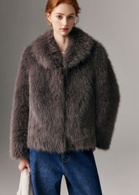 Women' s Winter Brown Shawl Collar Faux Fur Short Coat