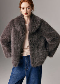 Women' s Winter Brown Shawl Collar Faux Fur Short Coat