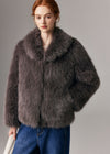 Women' s Winter Brown Shawl Collar Faux Fur Short Coat