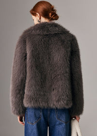 Women' s Winter Brown Shawl Collar Faux Fur Short Coat