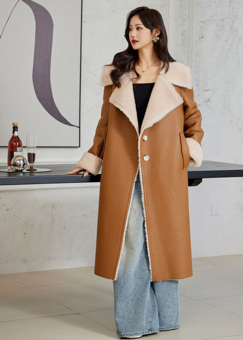 Women's Winter Faux Leather Wool Fur Single Breasted Long Coat