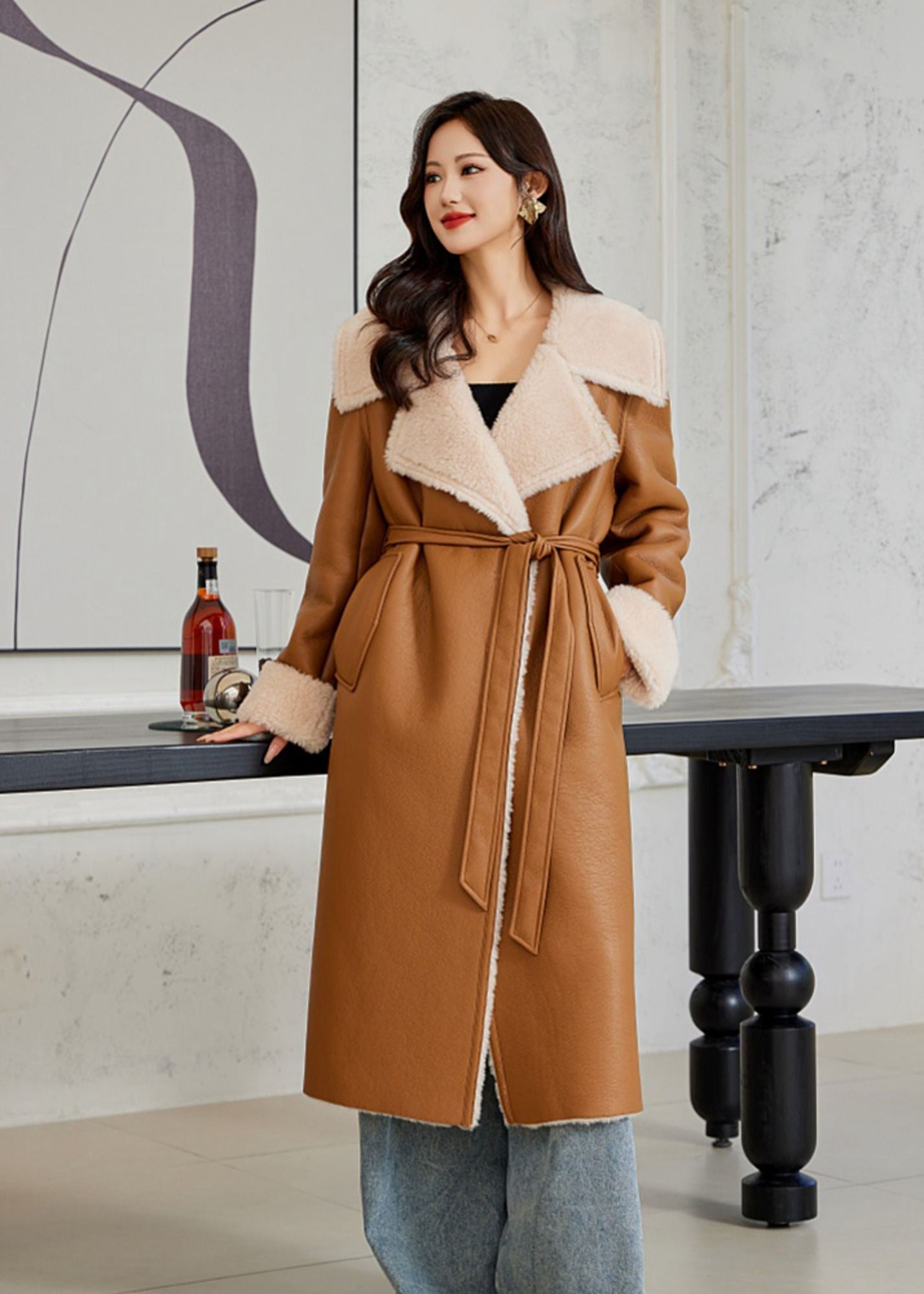 Faux Leather Wool Fur Single Breasted Long Coat – Vivian Seven