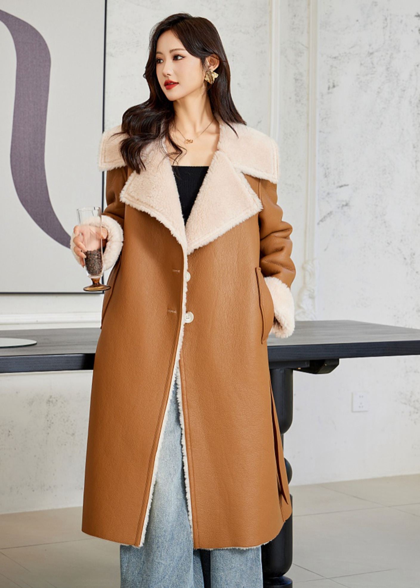 Faux Leather Wool Fur Single Breasted Long Coat – Vivian Seven