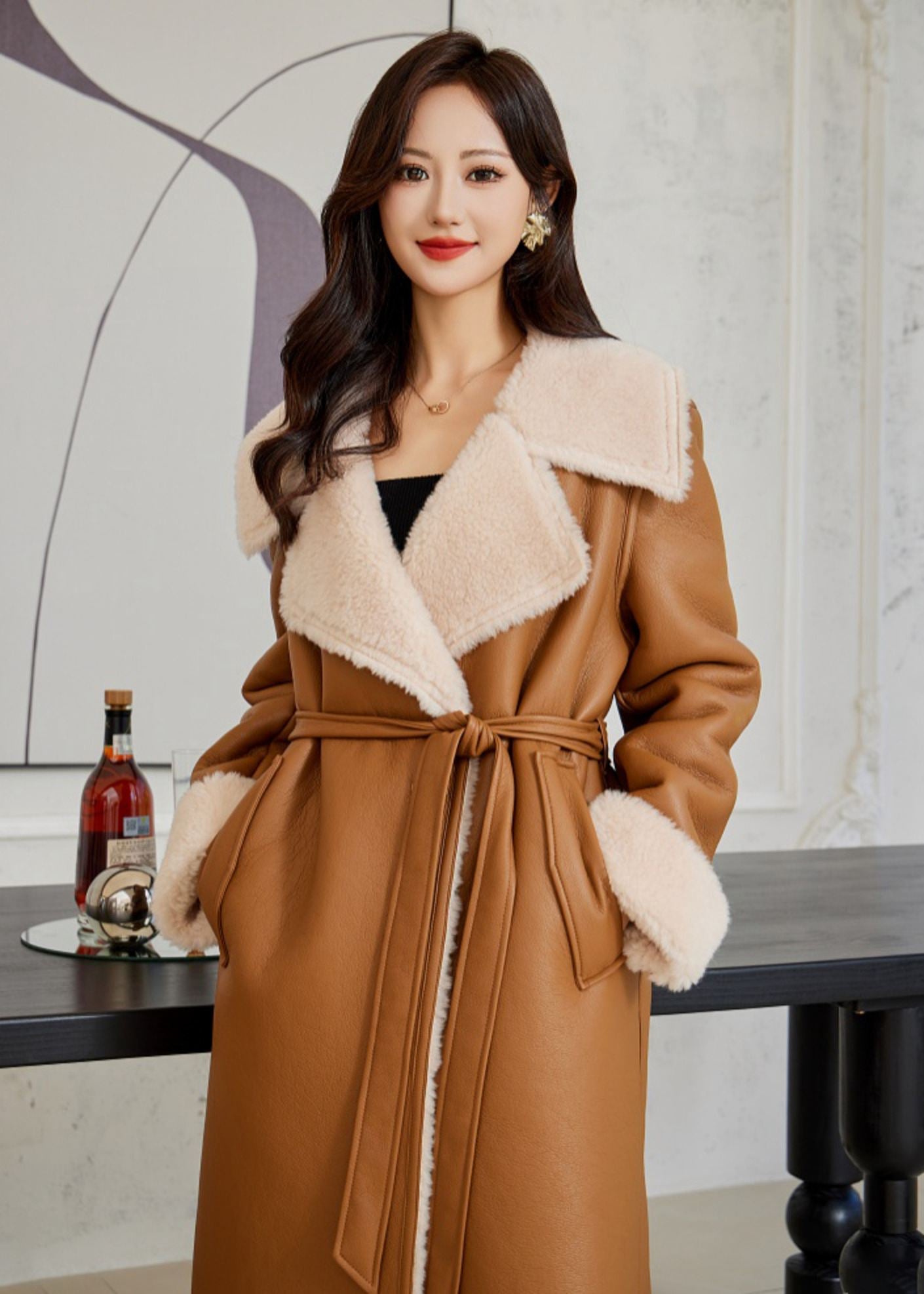 Faux Leather Wool Fur Single Breasted Long Coat – Vivian Seven