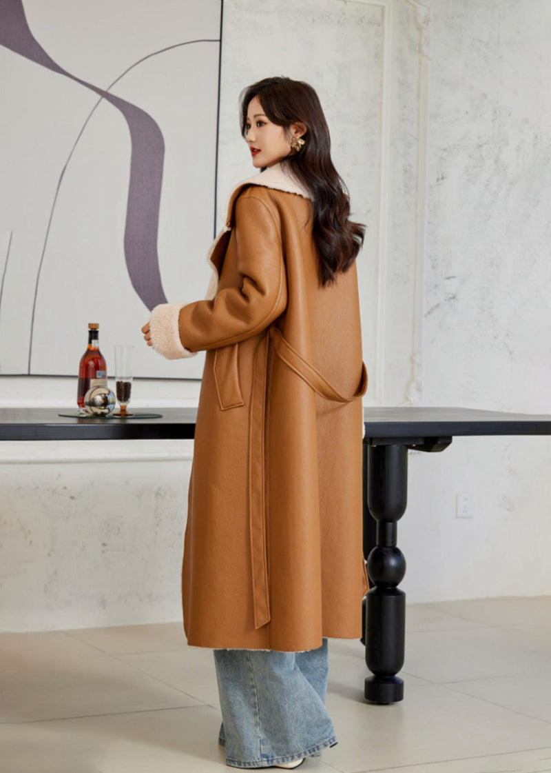 Women's Winter Faux Leather Wool Fur Single Breasted Long Coat