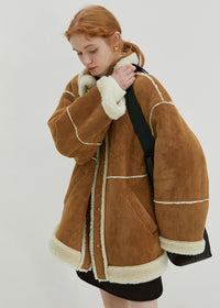 Women's Winter Khaki Spread Collar Faux Suede Fur Coat