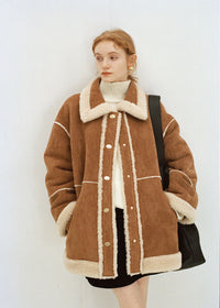 Women's Winter Khaki Spread Collar Faux Suede Fur Coat