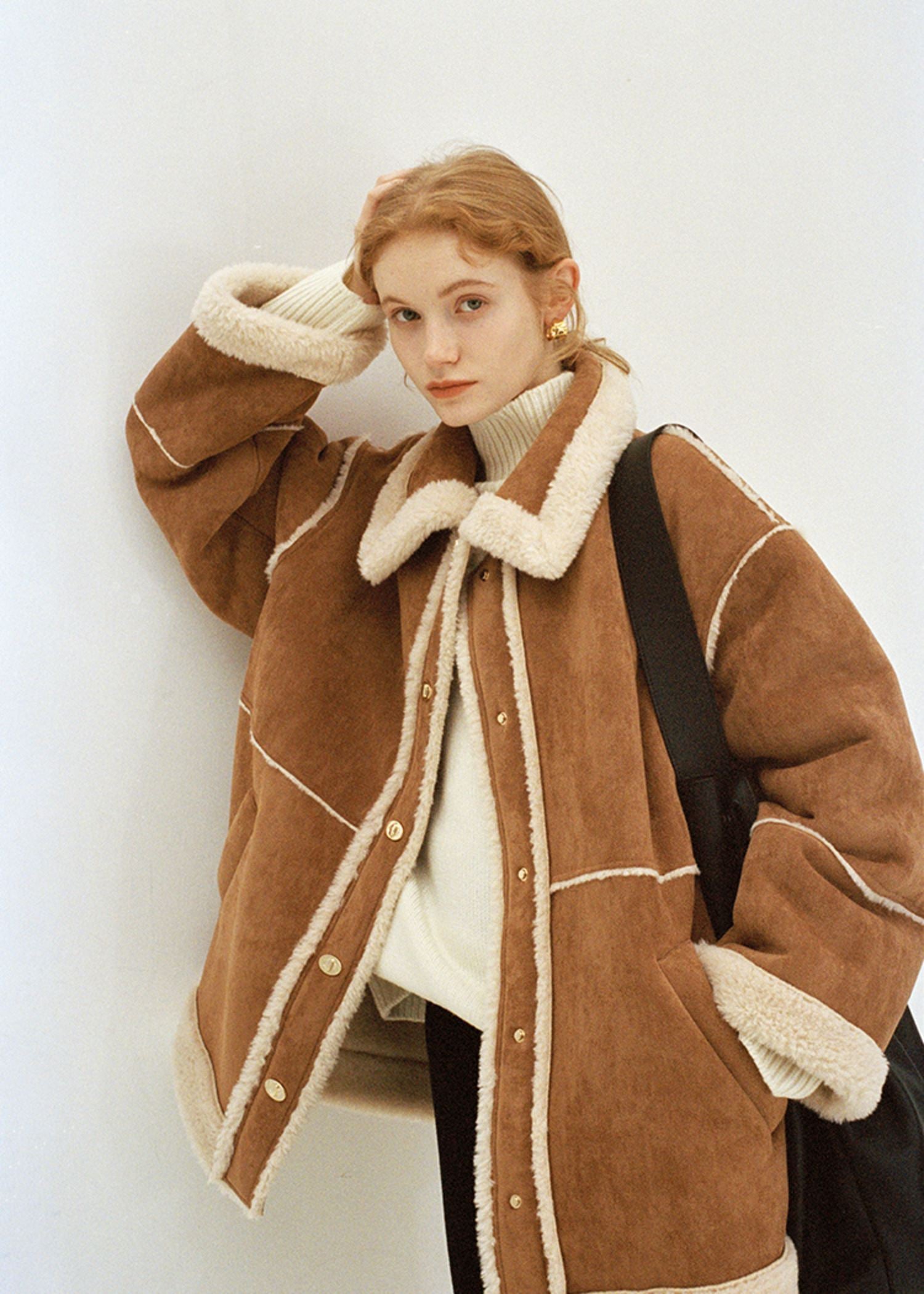 Khaki Spread Collar Faux Suede Fur Coat – Vivian Seven