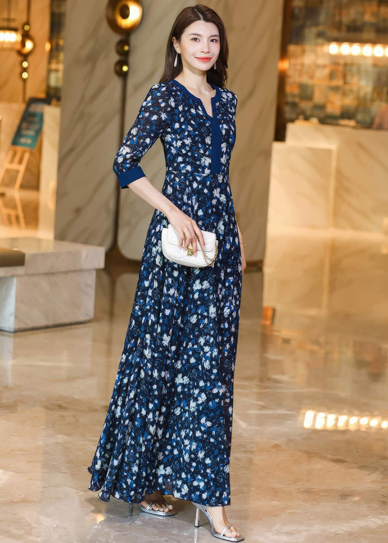 Floral V-Neck Navy Maxi Dress with 3/4 Sleeves Blue / L