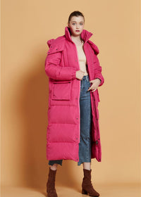 Women's Winter Fuchsia Hooded Goose Down Puffer Long Coat