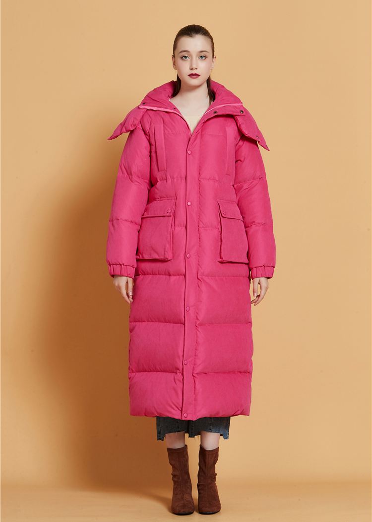 Women's Winter Fuchsia Hooded Goose Down Puffer Long Coat