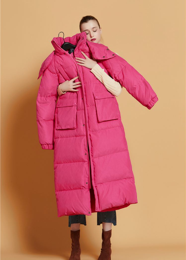 Women's Winter Fuchsia Hooded Goose Down Puffer Long Coat