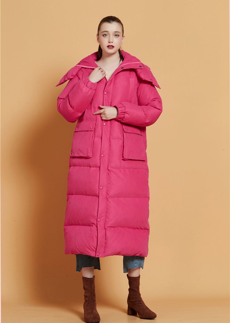 Women's Winter Fuchsia Hooded Goose Down Puffer Long Coat