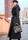 Women's Black Hooded Genuine Leather Quilted Down Overcoat