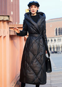 Women's Black Hooded Genuine Leather Quilted Down Overcoat