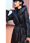 Women's Black Hooded Genuine Leather Quilted Down Overcoat