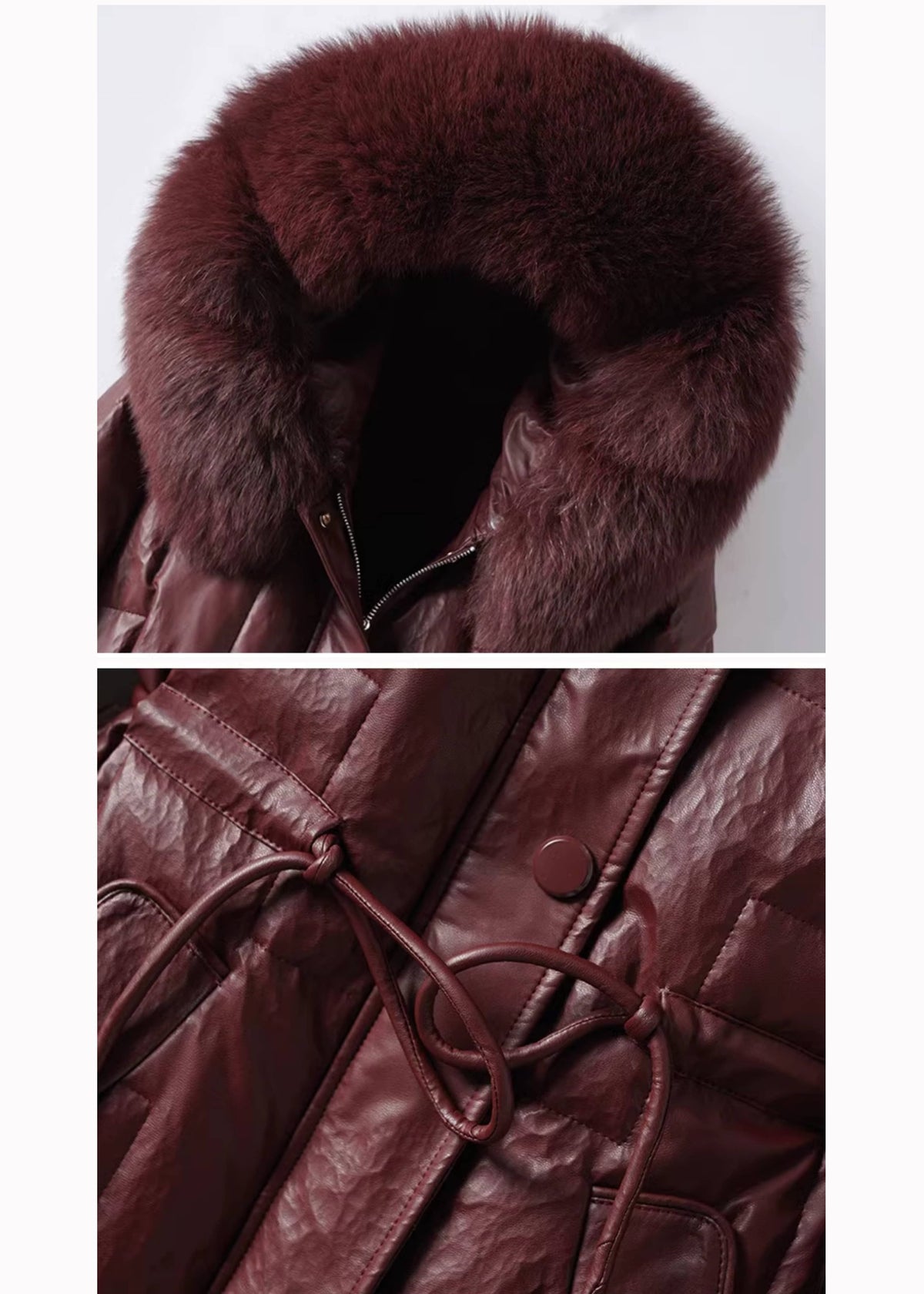 Close-up detail shot of burgundy genuine leather coat showing plush fur collar and knotted waist drawstring