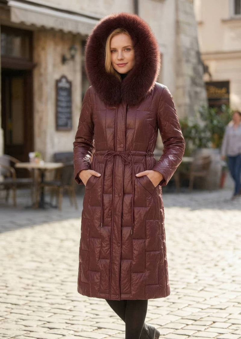 Front view of woman with hood up wearing burgundy Vivian Seven genuine leather long down coat with drawstring waist