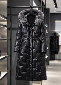 Black Vivian Seven genuine leather puffer long down parka with silver-grey fur hood on hanger in store showroom