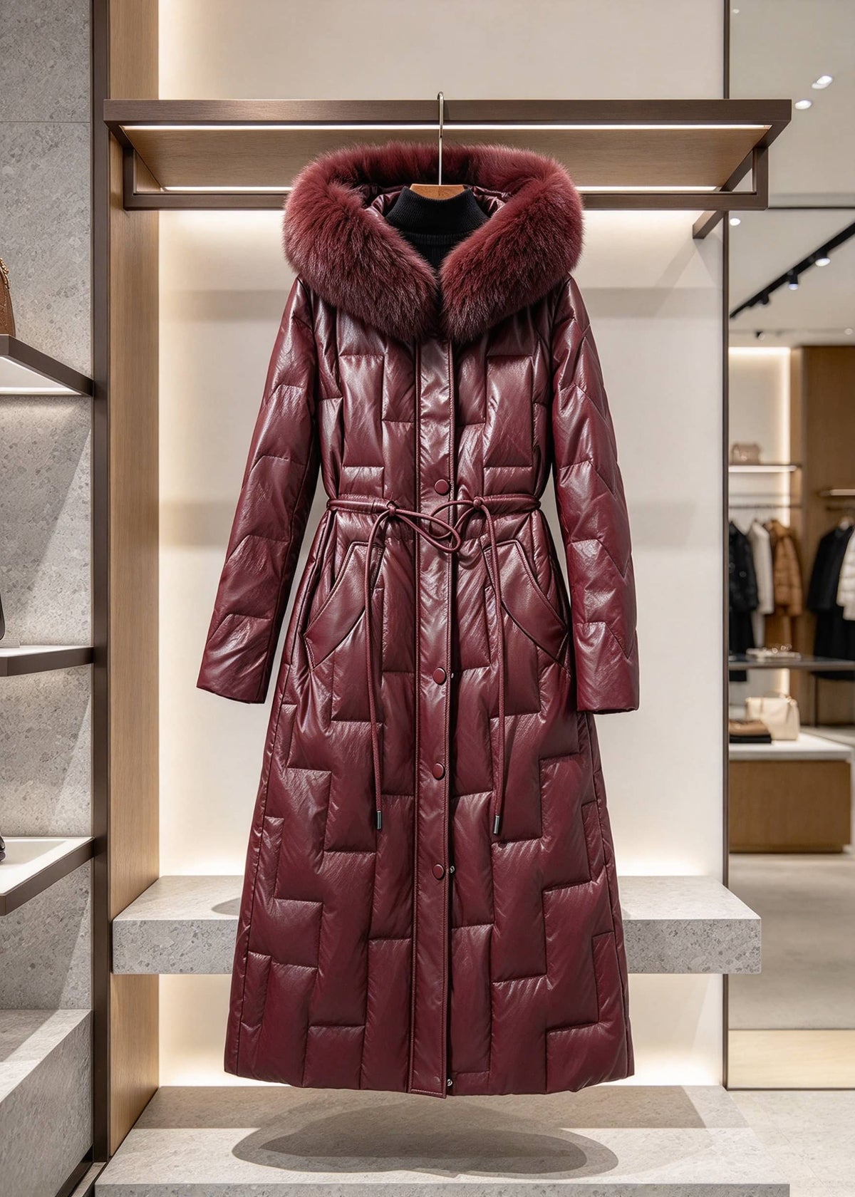 Burgundy Vivian Seven genuine leather long puffer down coat with matching fur trim hood on display hanger