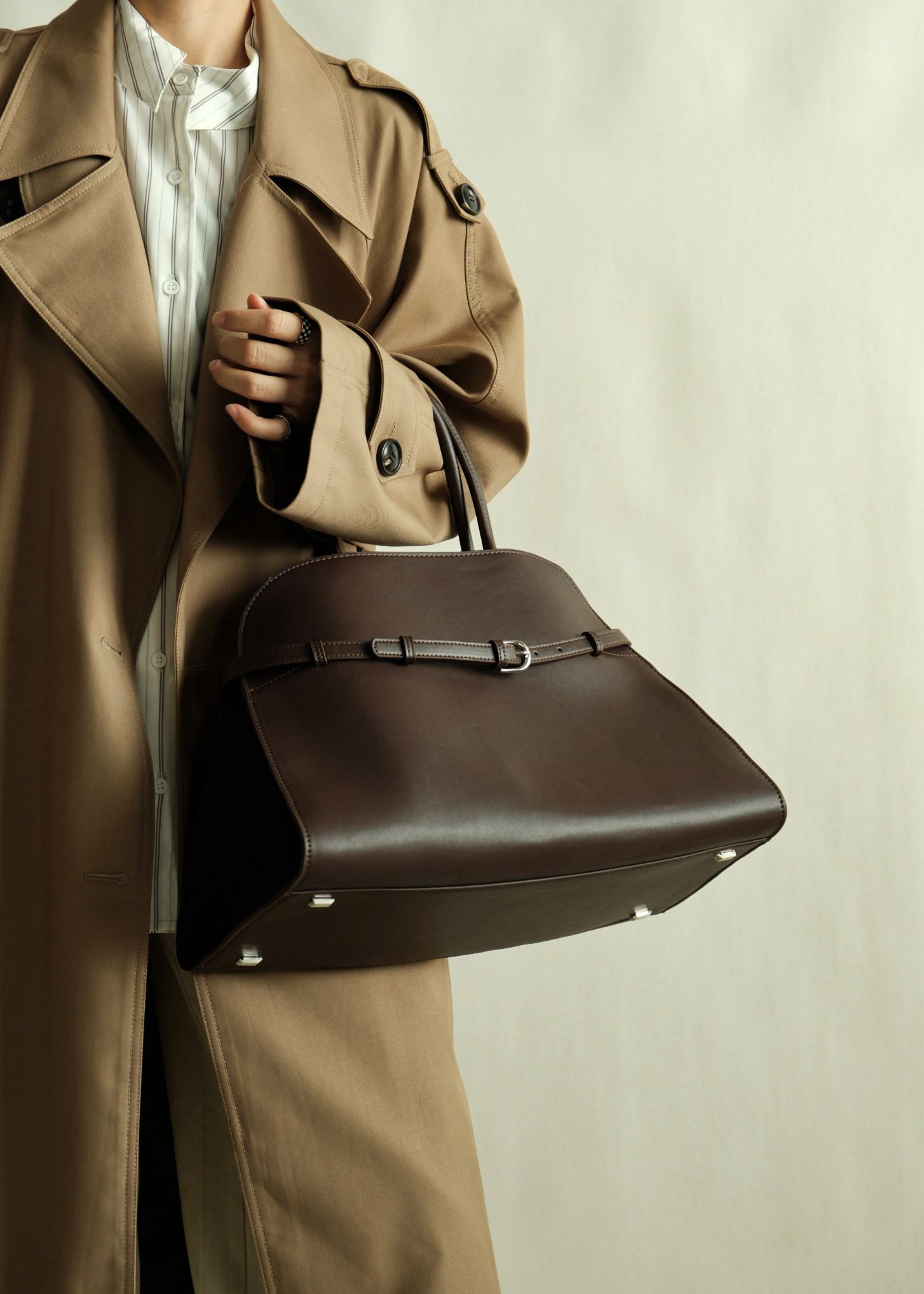 Belted Buckle Genuine Leather Top Handle Tote Bag – Vivian Seven