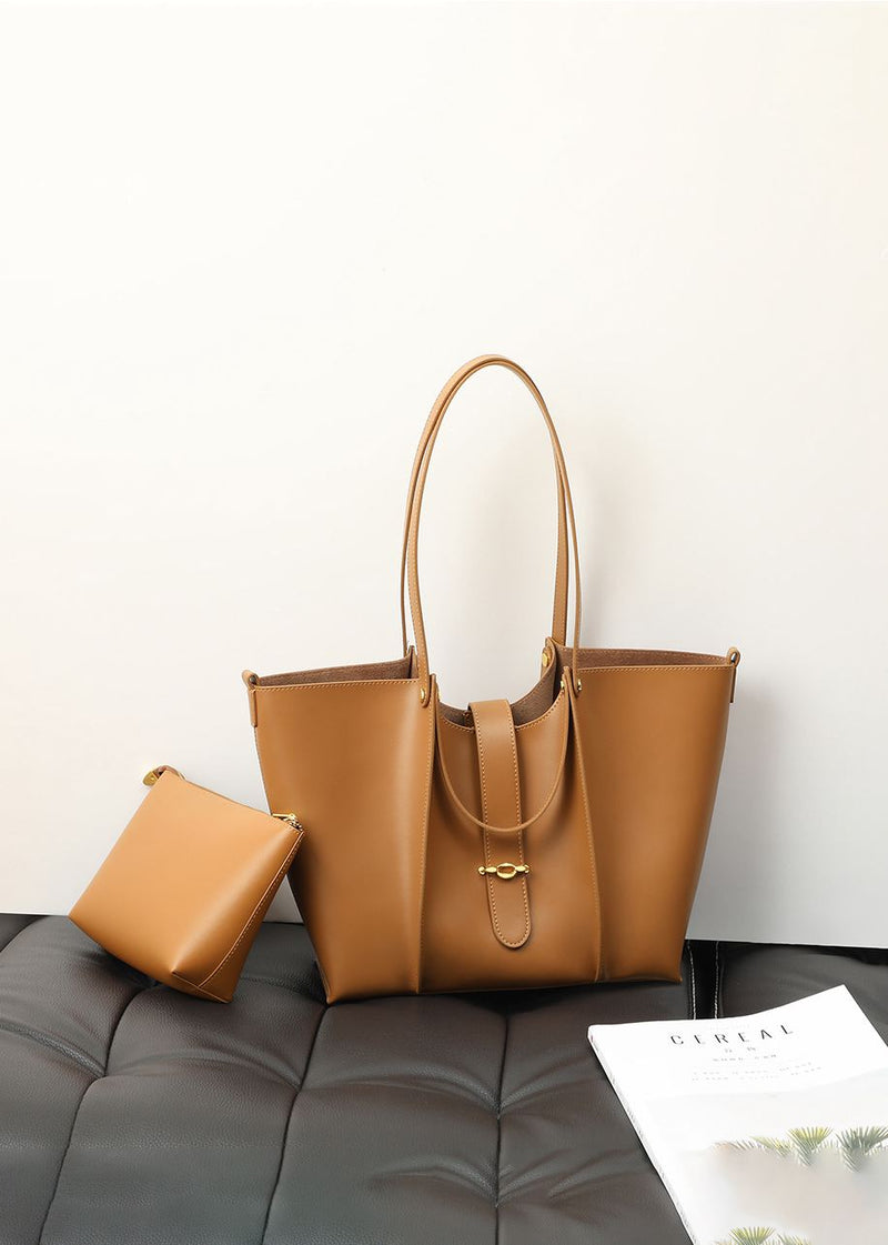 Women's Brown Genuine Leather Belted Tote Bag