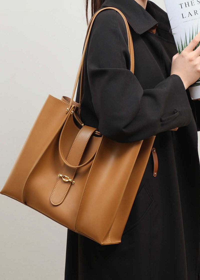 Women's Brown Genuine Leather Belted Tote Bag