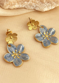 Gold Blue Double Flower Drop Earrings