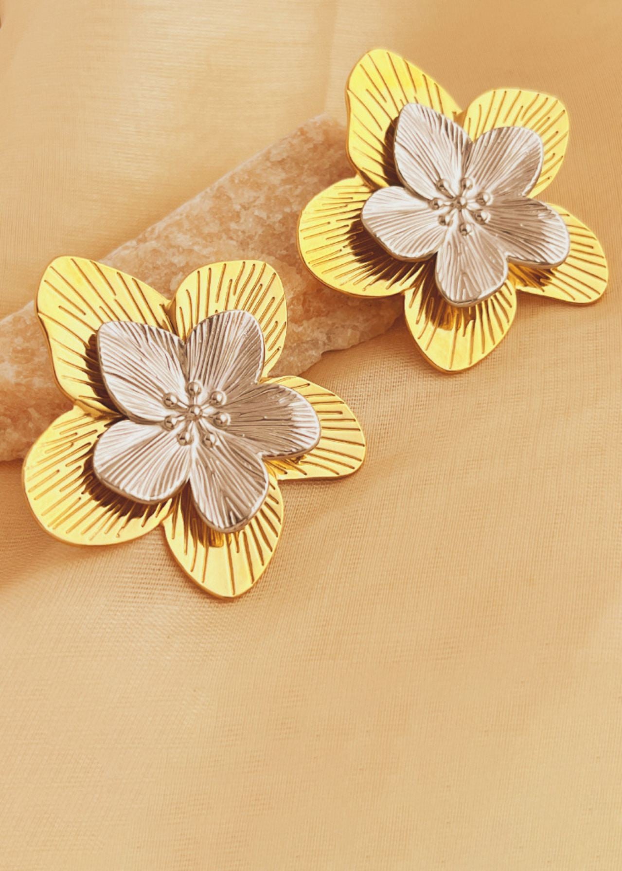 Gold popular statement earrings, gold flower earrings, gold rose earrings, gold plated silver rose earrings, flower earrings