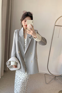 Women's Gray Rolled Sleeve Double Breasted  Blazer