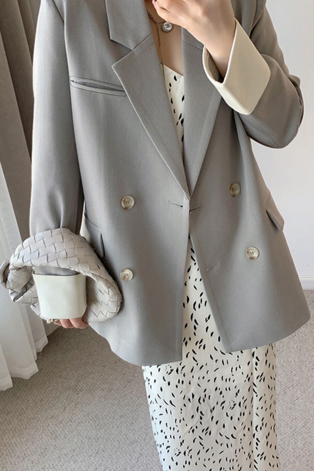 Women's Gray Rolled Sleeve Double Breasted  Blazer