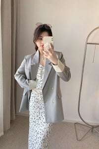 Women's Gray Rolled Sleeve Double Breasted  Blazer