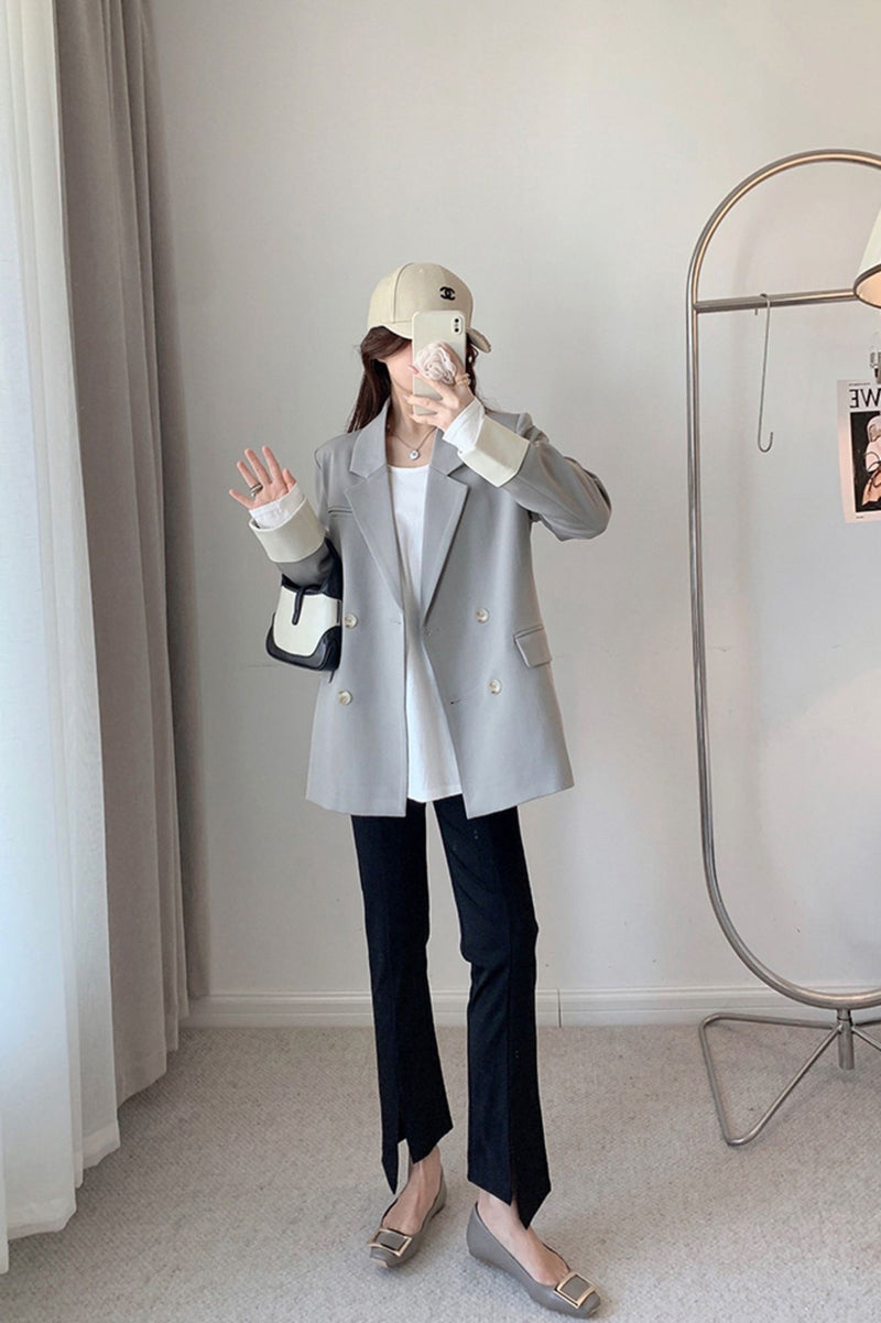 Women's Gray Rolled Sleeve Double Breasted  Blazer