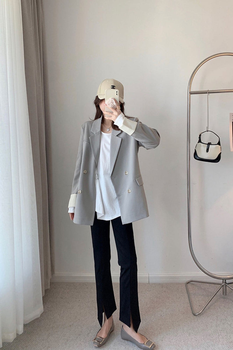 Women's Gray Rolled Sleeve Double Breasted  Blazer