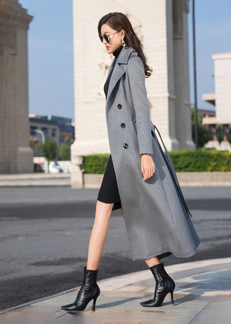 Gray Double Breasted Belted Wool Blend Long Coat Gray / XS Gray Double Breasted Belted Wool Blend Long Coat Gray / XS