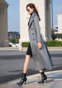 Women's Gray Double Breasted Belted Wool Blend Long Coat