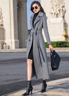 Women's Gray Double Breasted Belted Wool Blend Long Coat