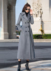 Women's Gray Double Breasted Belted Wool Blend Long Coat