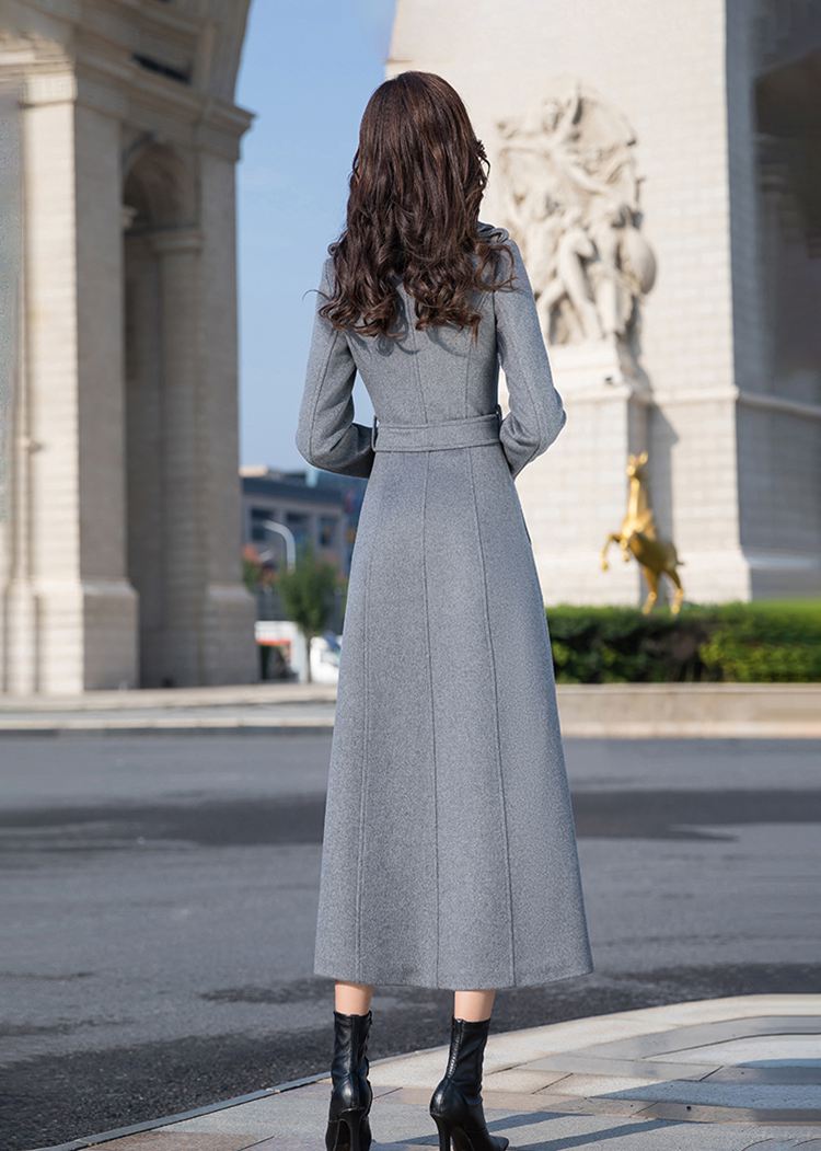 Gray Double Breasted Belted Wool Blend Long Coat Gray / XS Gray Double Breasted Belted Wool Blend Long Coat Gray / XS