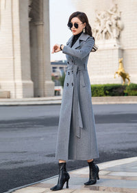 Women's Gray Double Breasted Belted Wool Blend Long Coat